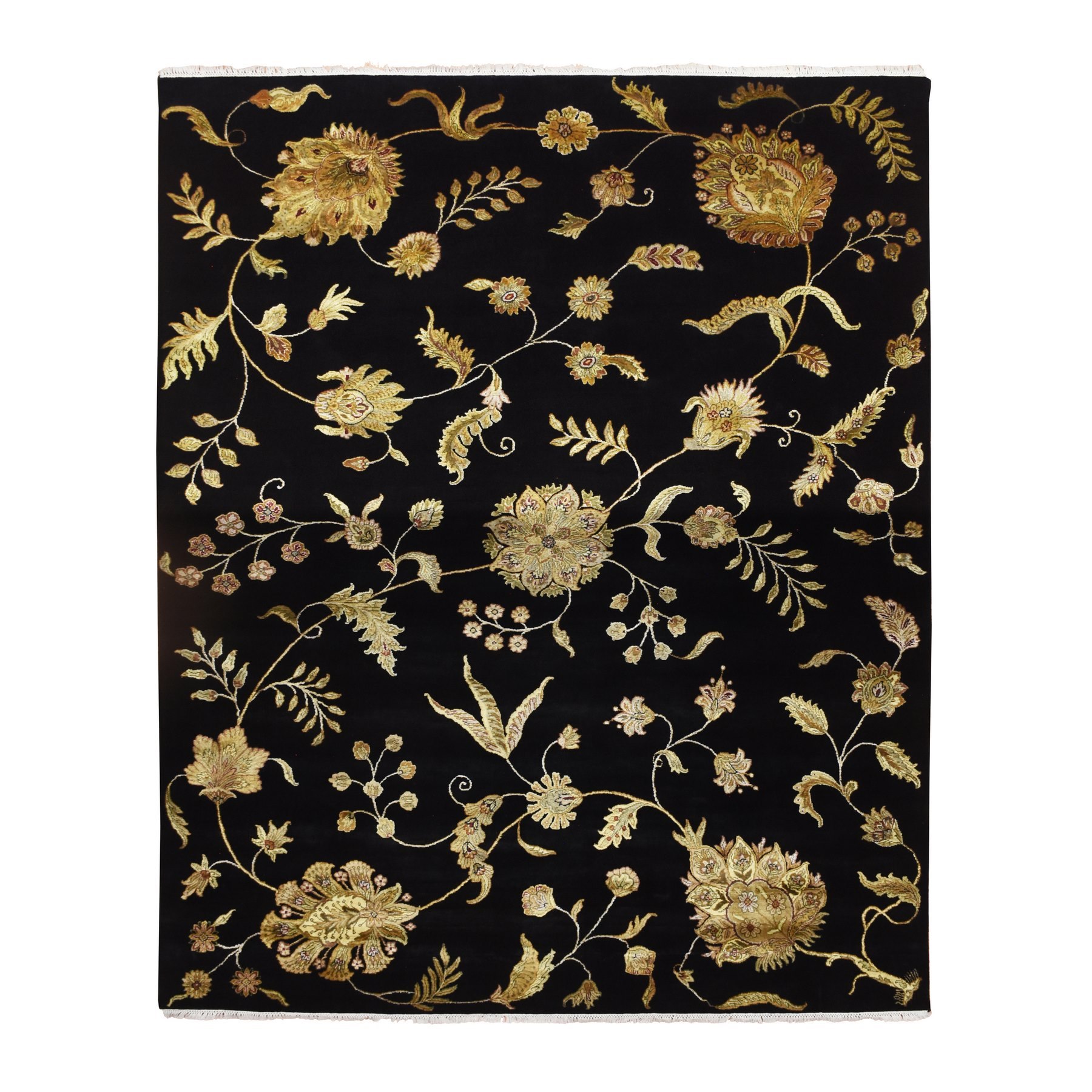 Onyx Black, Borderless Botanical Design, Half Wool and Half Silk, Densely Woven, Soft Pile, Hand Knotted, Oriental Rug